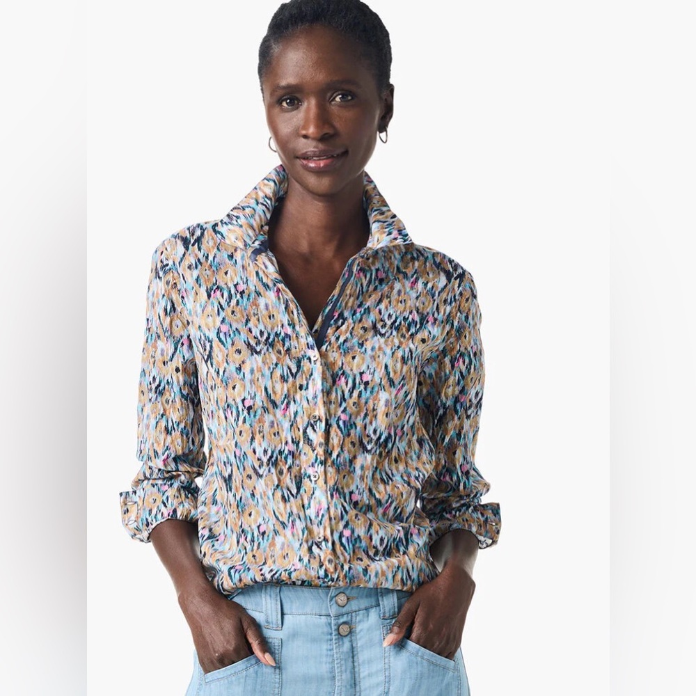 Nic + Zoe Up Beat Ikat‎ Crinkle Cotton Shirt XS